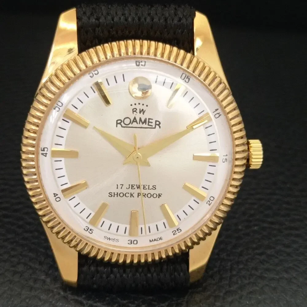 Vintage 1976 Roamer Manual Mens Gold Watch W/Nato Strap & White accents
